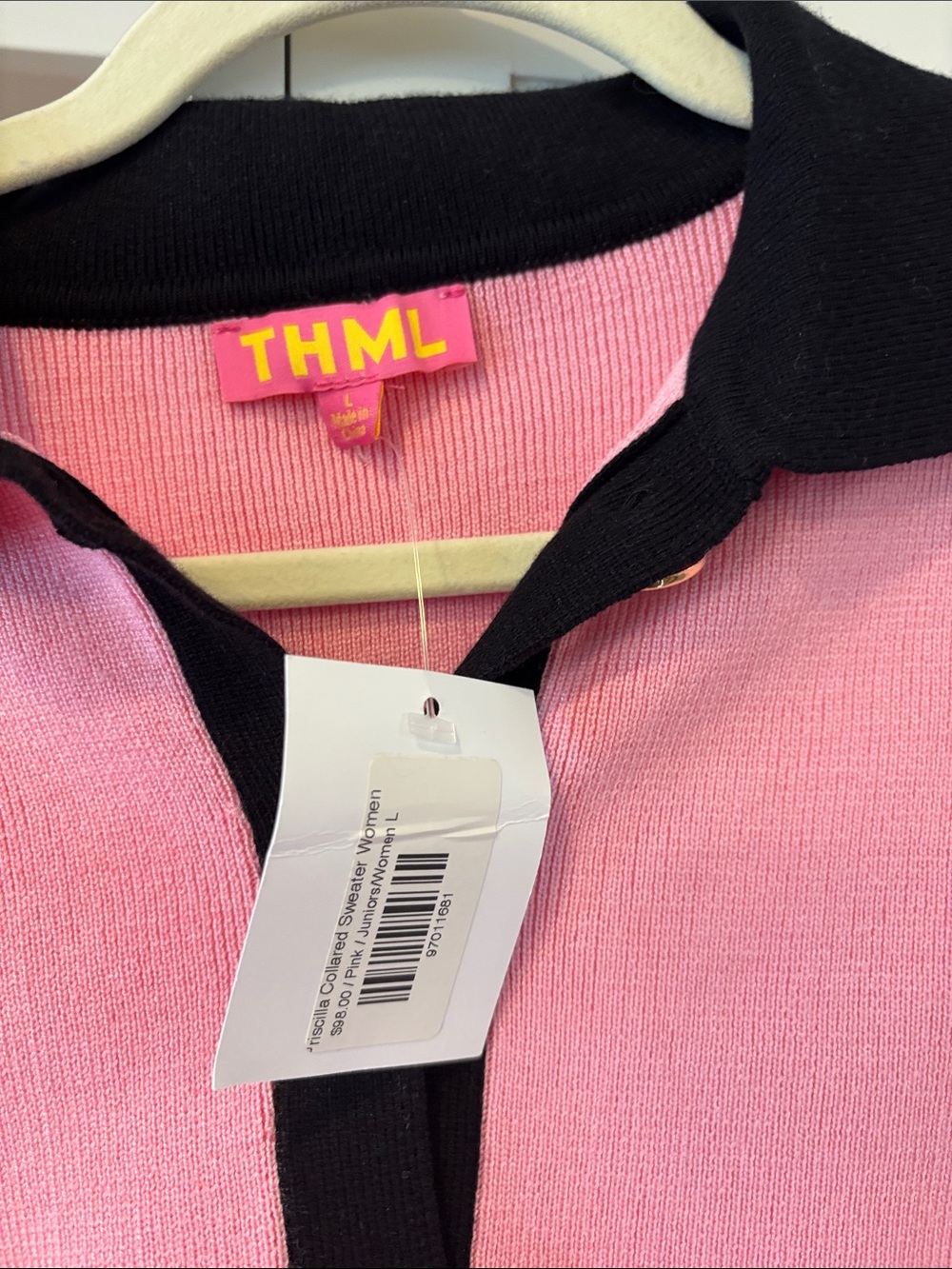 THML Pink V‑Neck Polo Sweater with Black Trim and Cream Hem - Picture 2 of 6